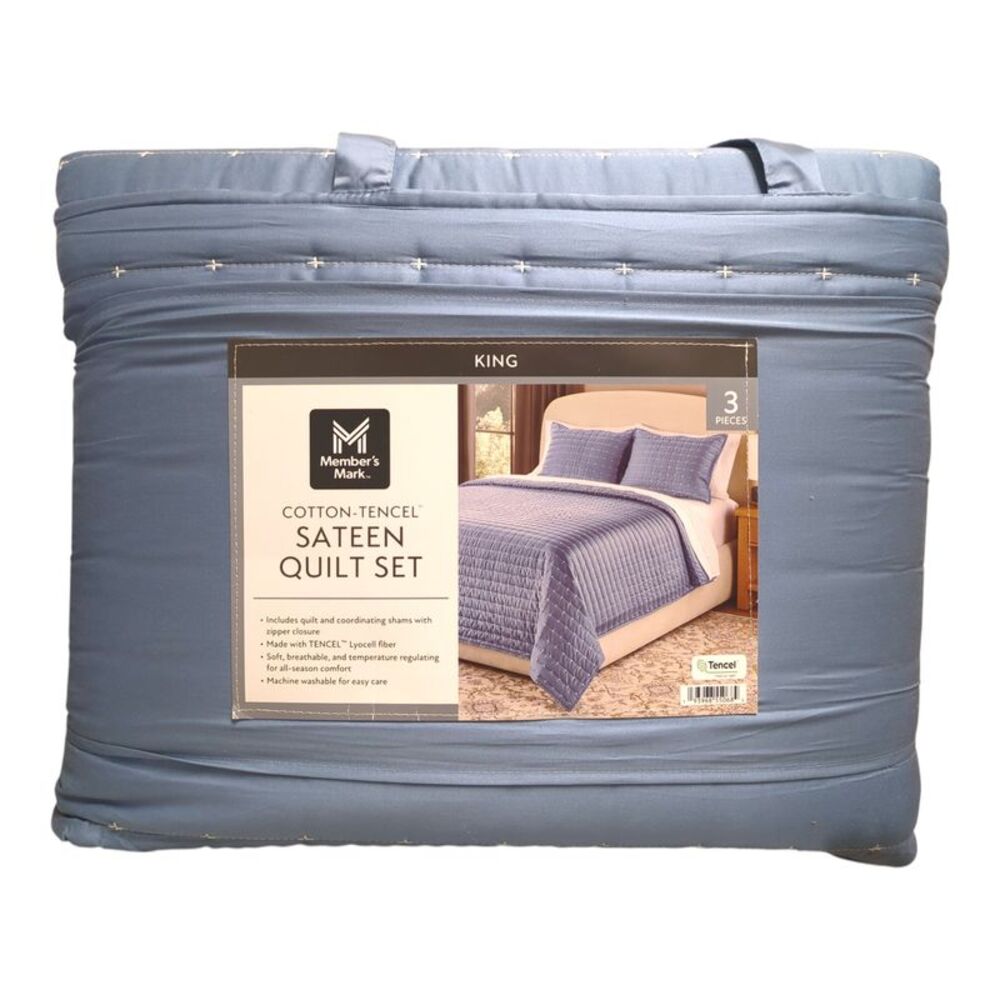 Member’s Mark 3-Piece Cotton-Tencel Sateen Quilt Set, King - Blue Brook